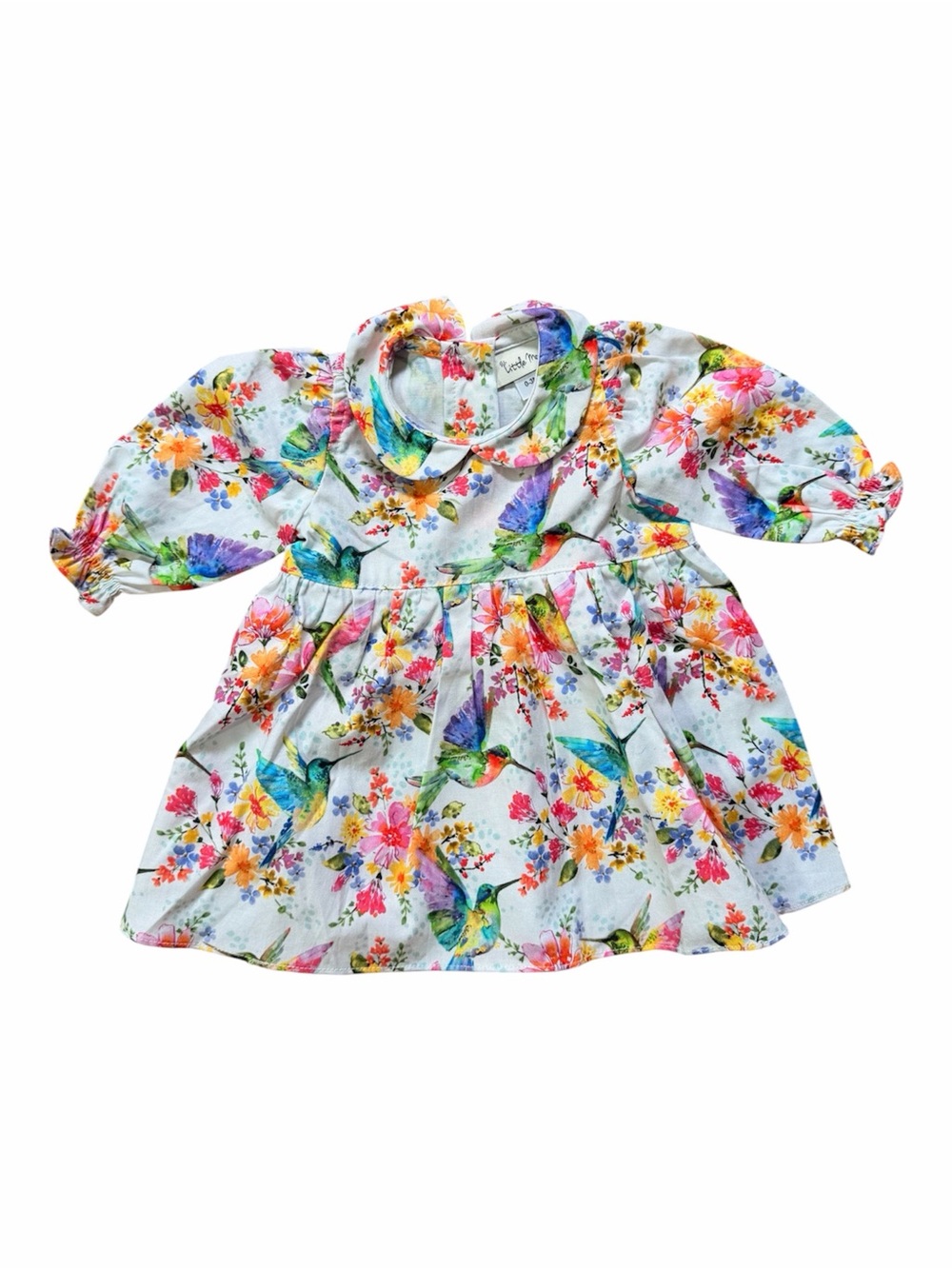 Little Moon White Floral & Hummingbird Print Dress Top - Multicolor